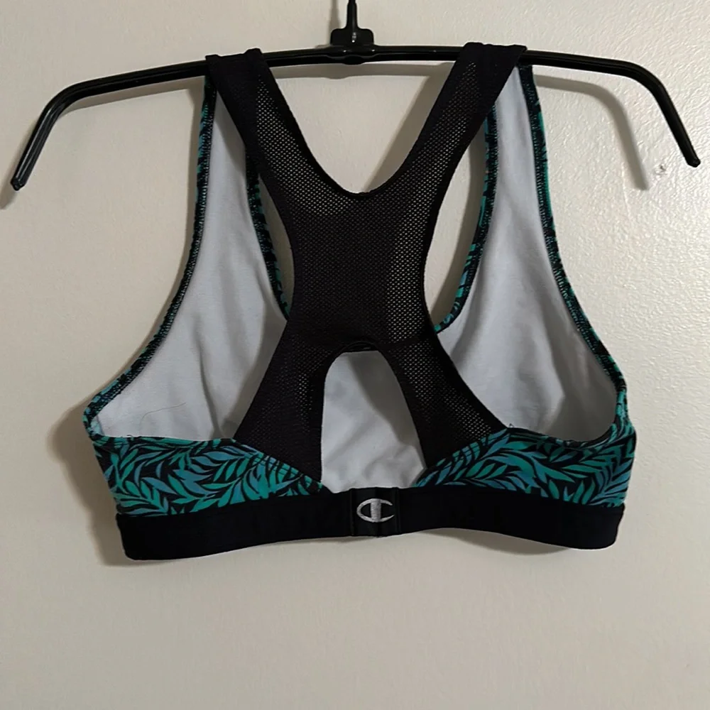 Champion Green Print/Black Background W/ Black Trim Sports Bra Mesh Straps Sz M - Picture 2 of 4
